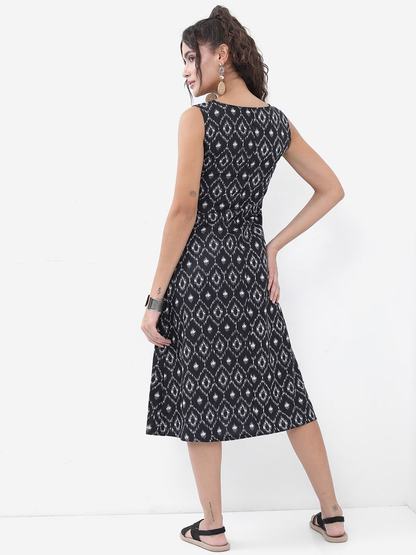 Black Ethnic Motif Printed A-Line Midi Dress