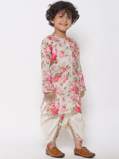 Boys Floral Printed Gotta Patti Pure Silk Kurta With Dhoti Pants