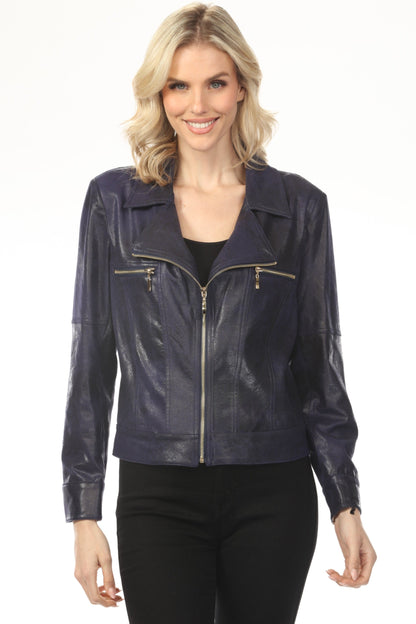 Insight New York Navy Vegan Leather Zip-Up Moto Jacket BCJ7687