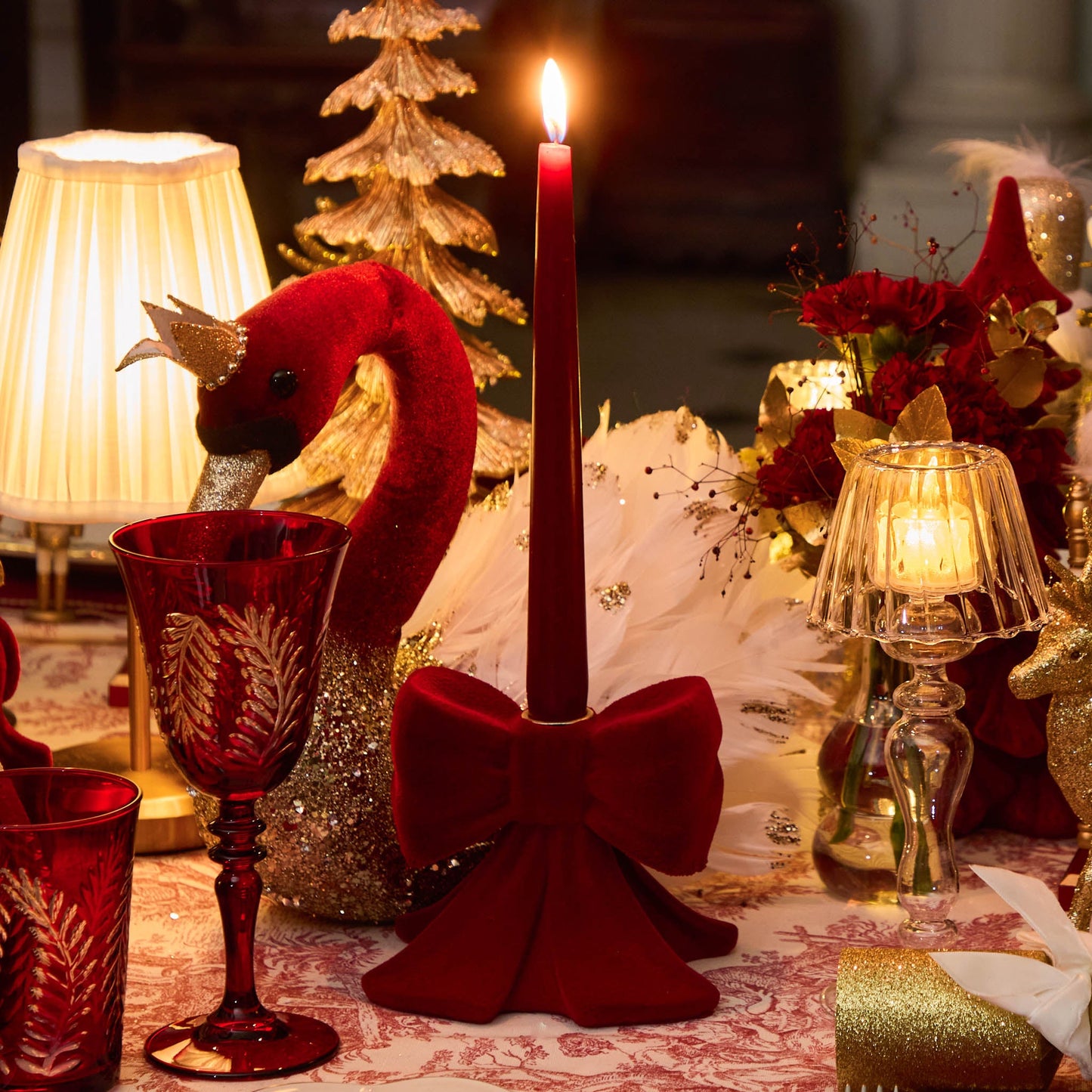 Red Velvet Bow Candle Holders (Pair)