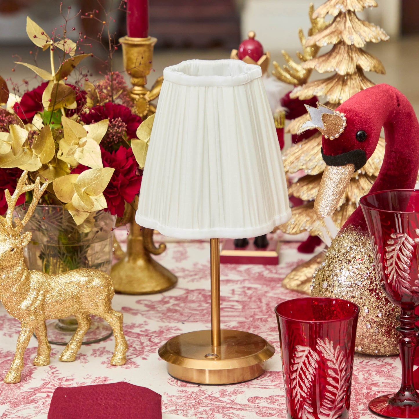Short Rechargeable Lamp with Cream Pleated Shade (14cm)