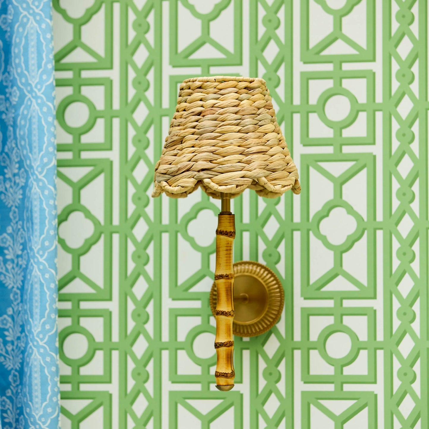 Bamboo Rechargeable Wall Light with Small Natural Seagrass Shade (18cm)