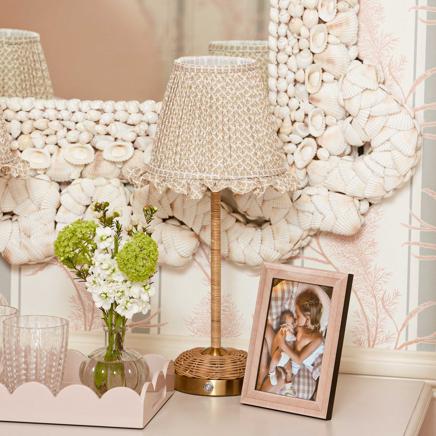 Rattan Ida Rechargeable Lamp with Putty Lotus Ruffle Shade