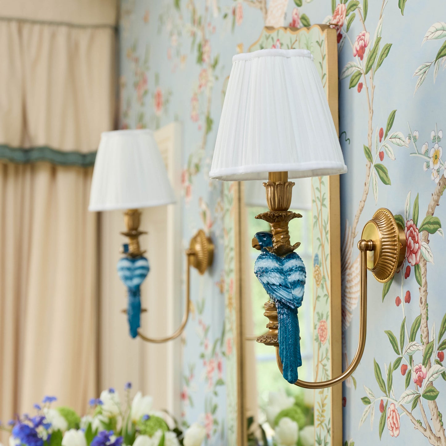 Pair of Blue Parrot Rechargeable Wall Lights with Cream Pleated Shades (18cm)