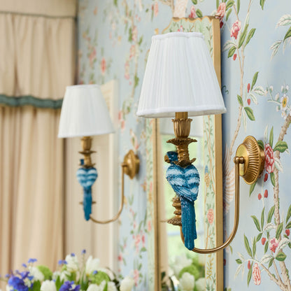 Pair of Blue Parrot Rechargeable Wall Lights with Cream Pleated Shades (18cm)