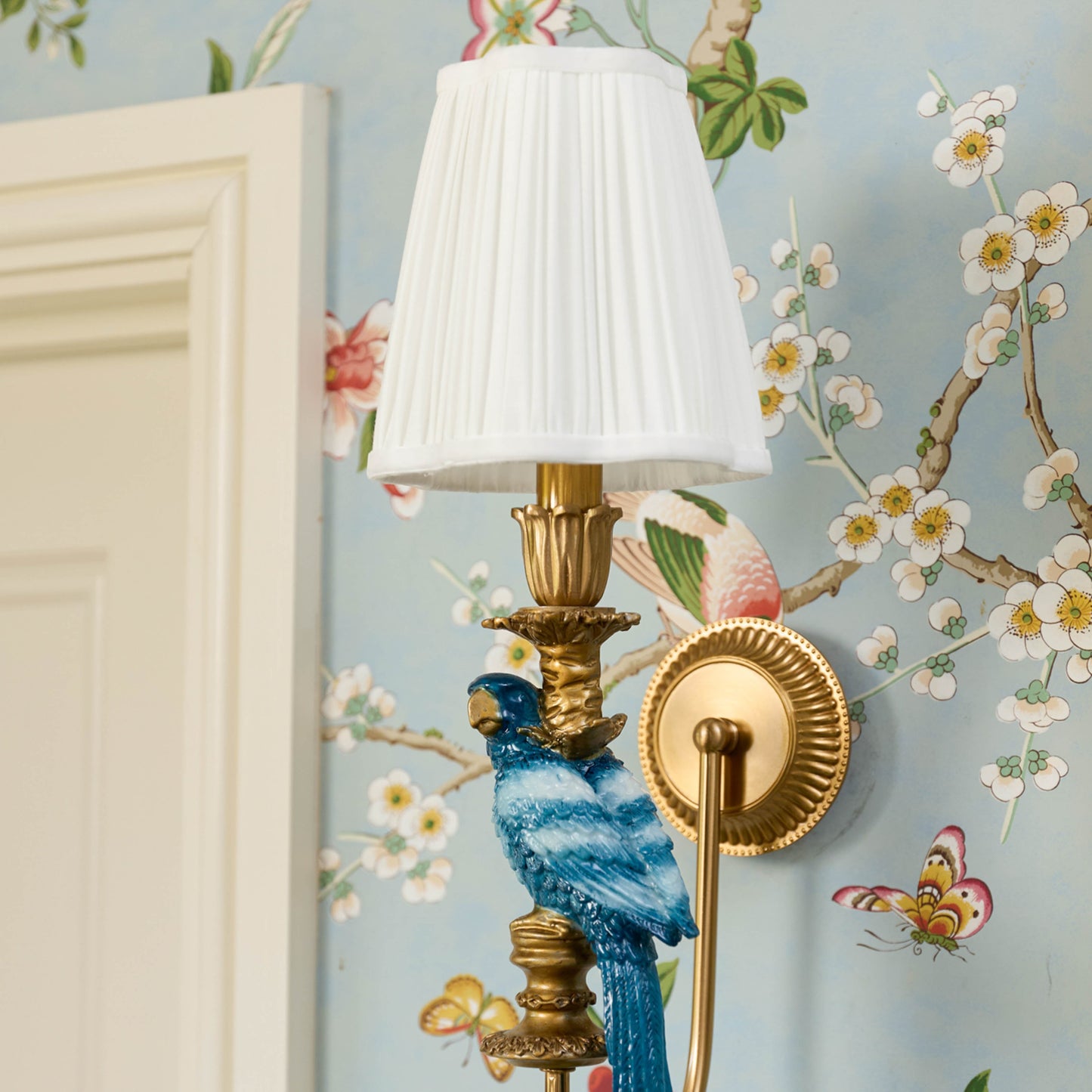 Pair of Blue Parrot Rechargeable Wall Lights with Cream Pleated Shades (14cm)