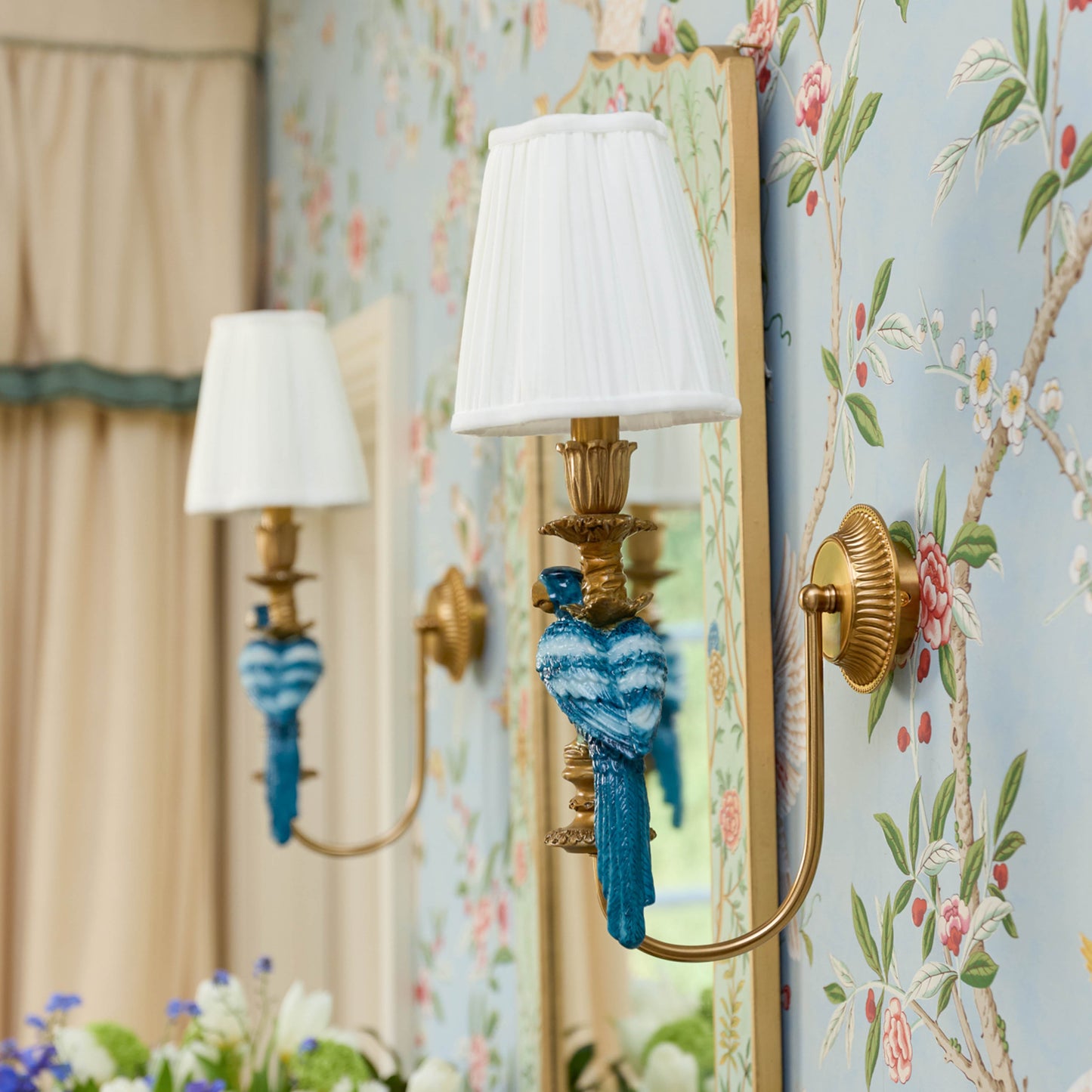 Pair of Blue Parrot Rechargeable Wall Lights with Cream Pleated Shades (14cm)