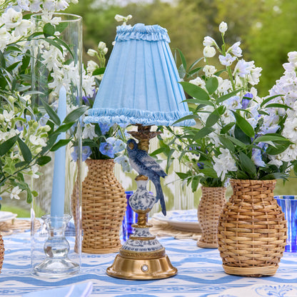 Blue Parrot Rechargeable Lamp with Soft Blue Silk Frilled Shade (18cm)