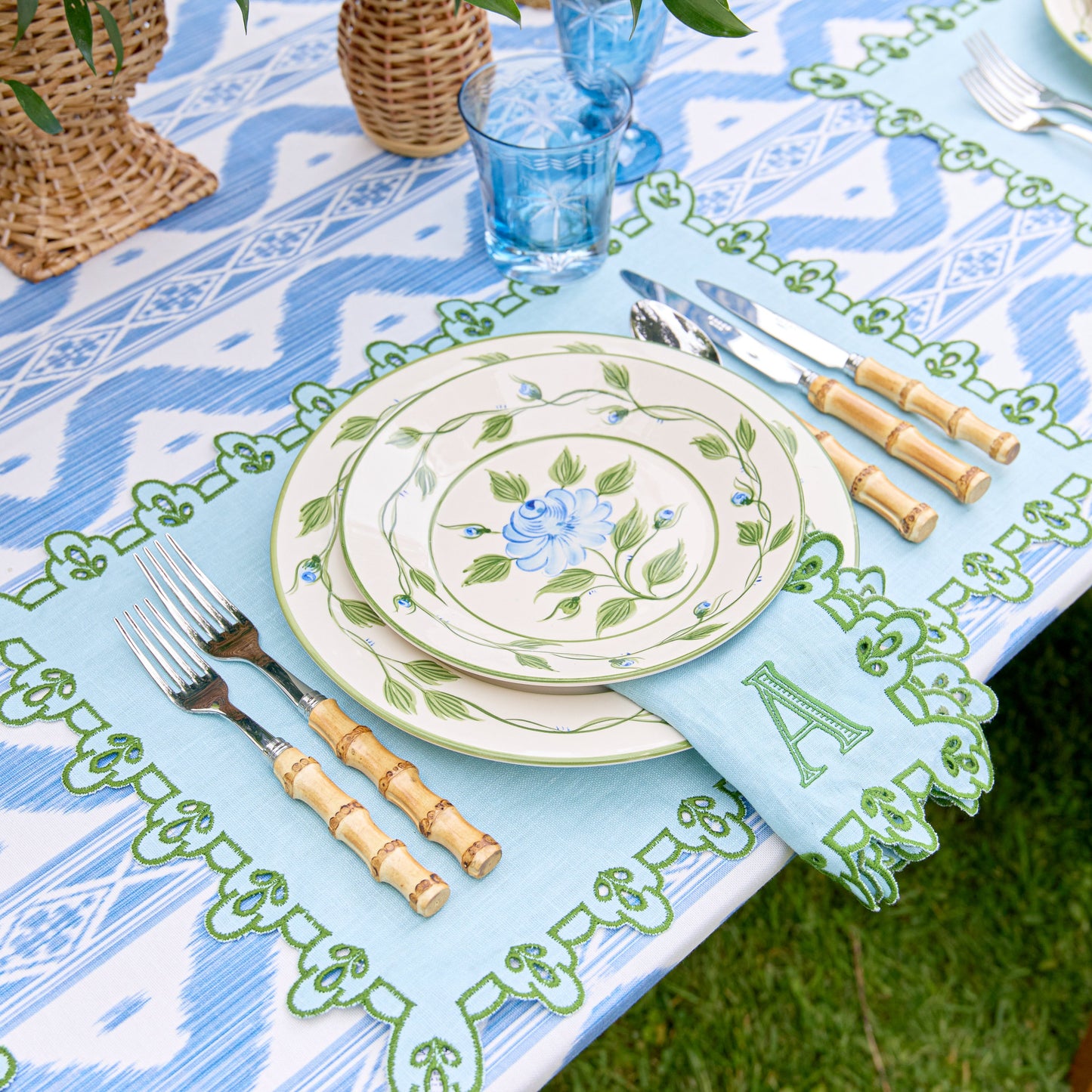 Blue & Green Sophia Waxed Placemats & Napkins (Set of 4)