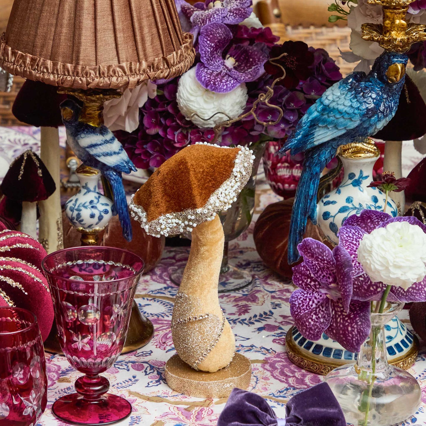Chocolate Glitter Beaded Velvet Mushroom (Set of 3)