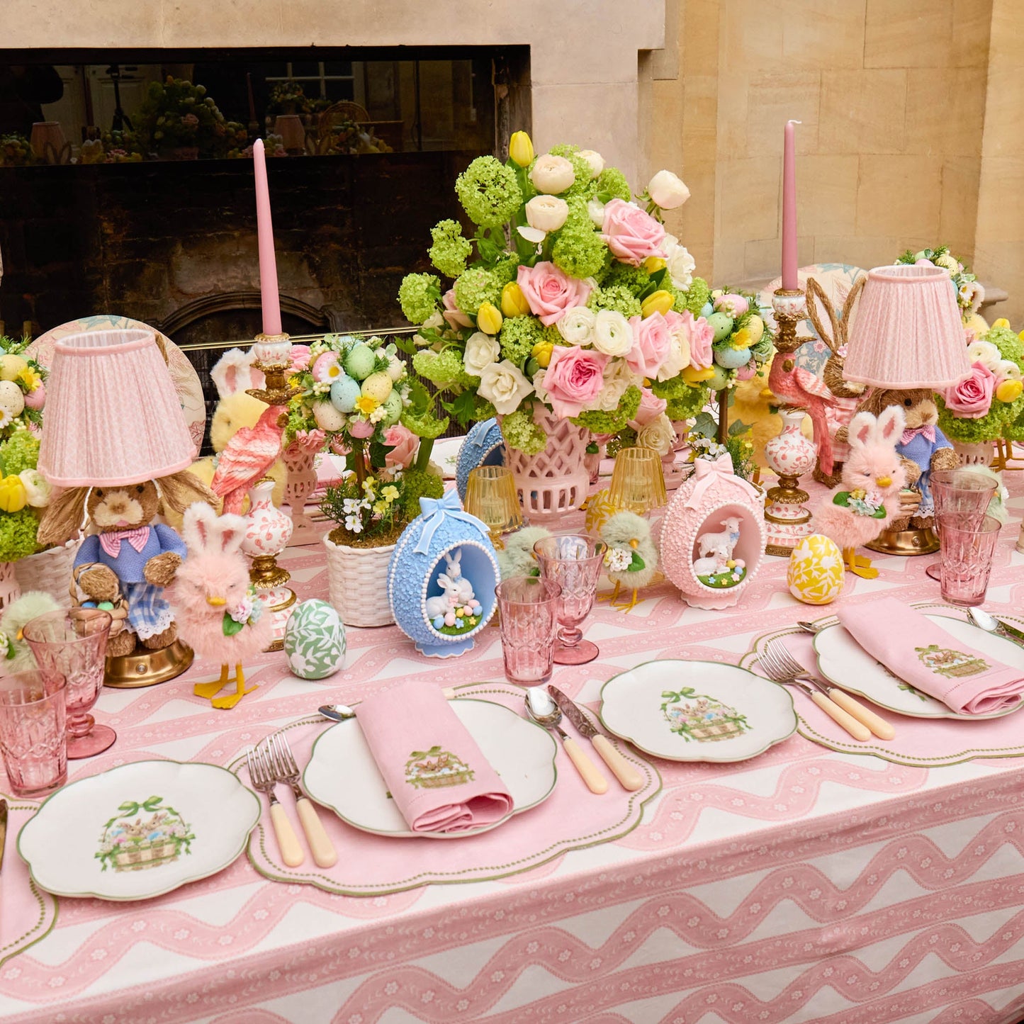 Pink & Green Eloise Linen Placemats & Bunnies in Basket Napkins (Set of 4)