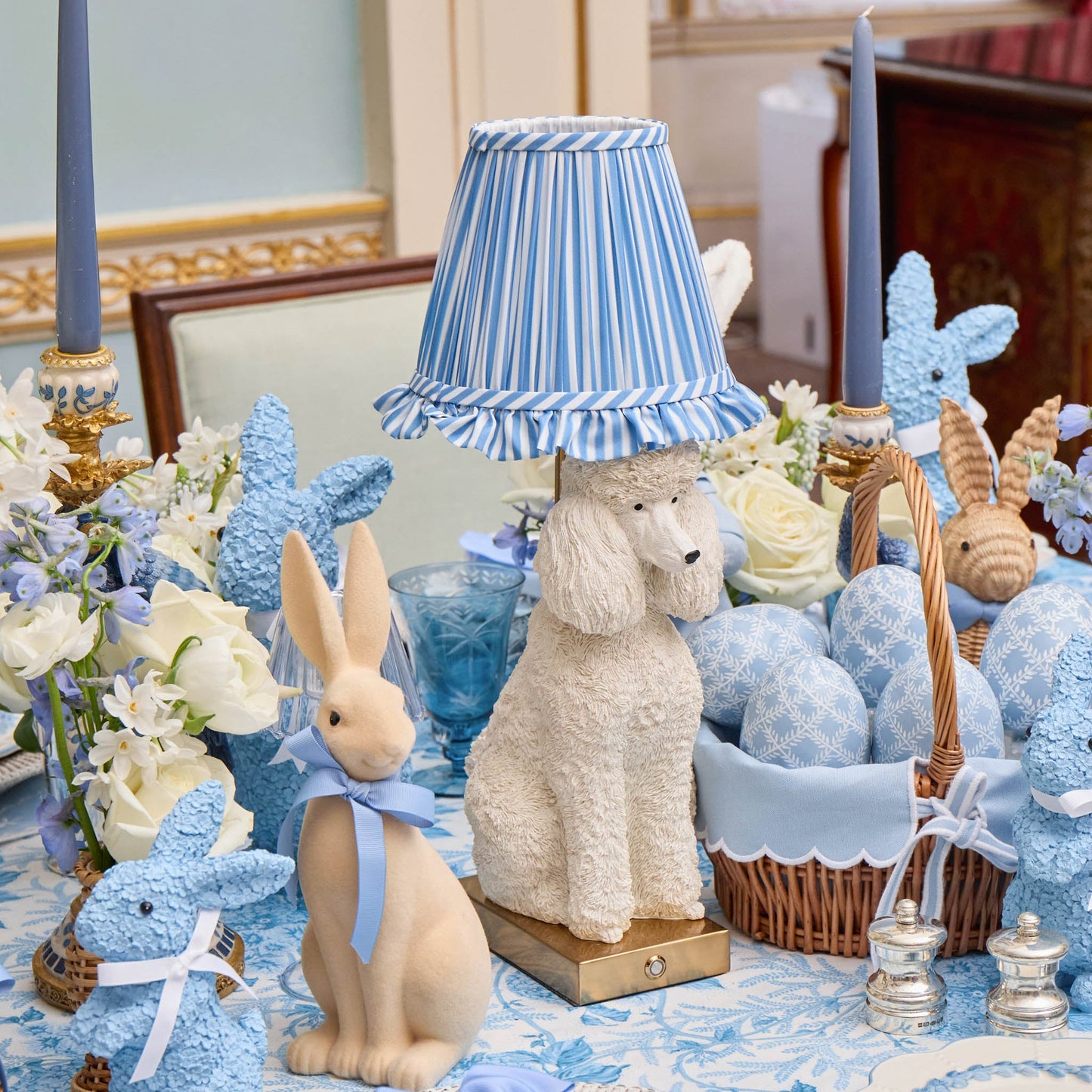 Fifi Poodle Rechargeable Lamp with Blue Striped Ruffle Shade (18cm)