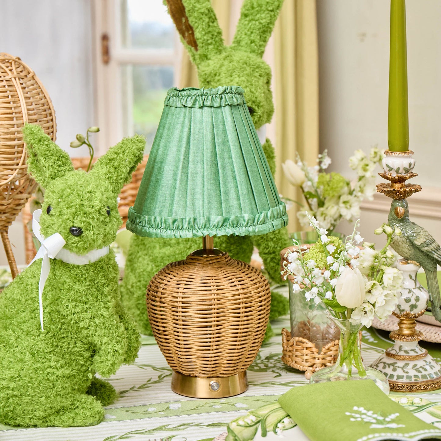 Rattan Ursula Rechargeable Lamp with Green Frilled Silk Shade (18cm)