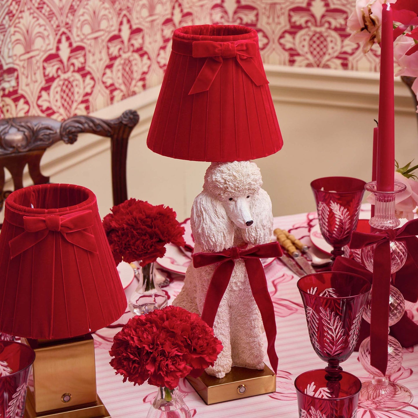 Red Ribboned Fifi Poodle Rechargeable Lamp with Red Velvet Bow Shade (18cm)