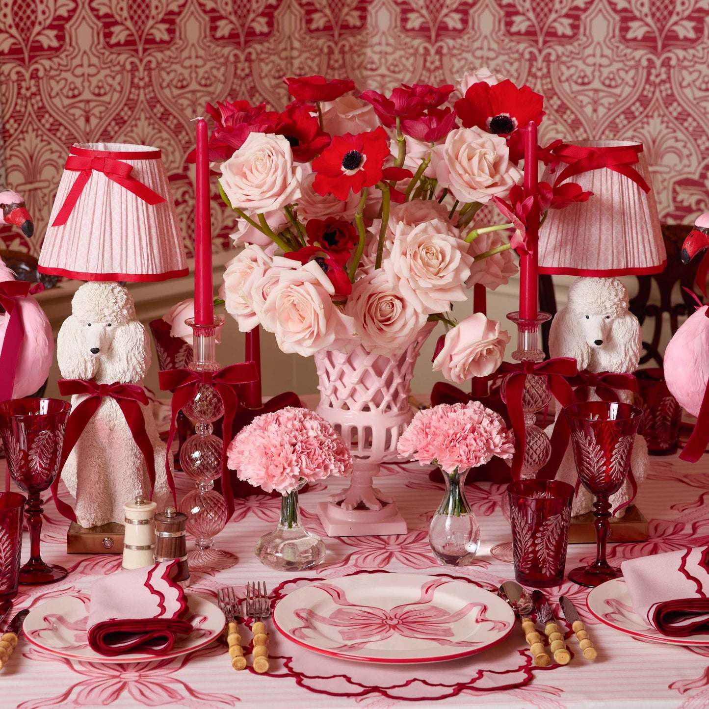 Red Ribboned Fifi Poodle Rechargeable Lamp with Pink & Red Lotus Bow Shade (18cm)
