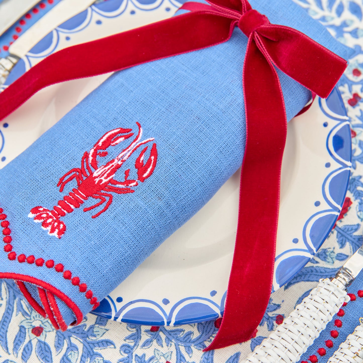 Blue Lobster Embroidered Linen Napkins (Set of 4)