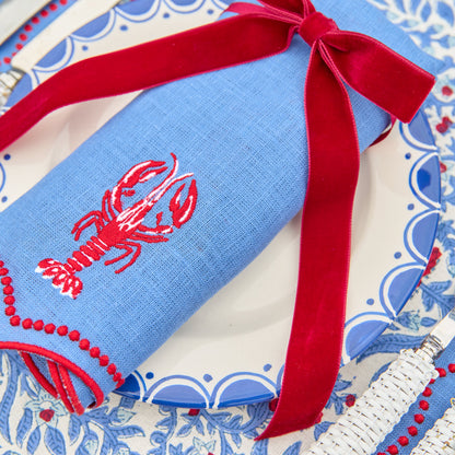 Blue Lobster Embroidered Linen Napkins (Set of 4)