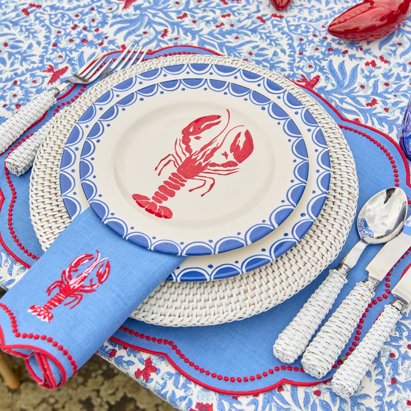 Blue Lobster Embroidered Linen Napkins (Set of 4)