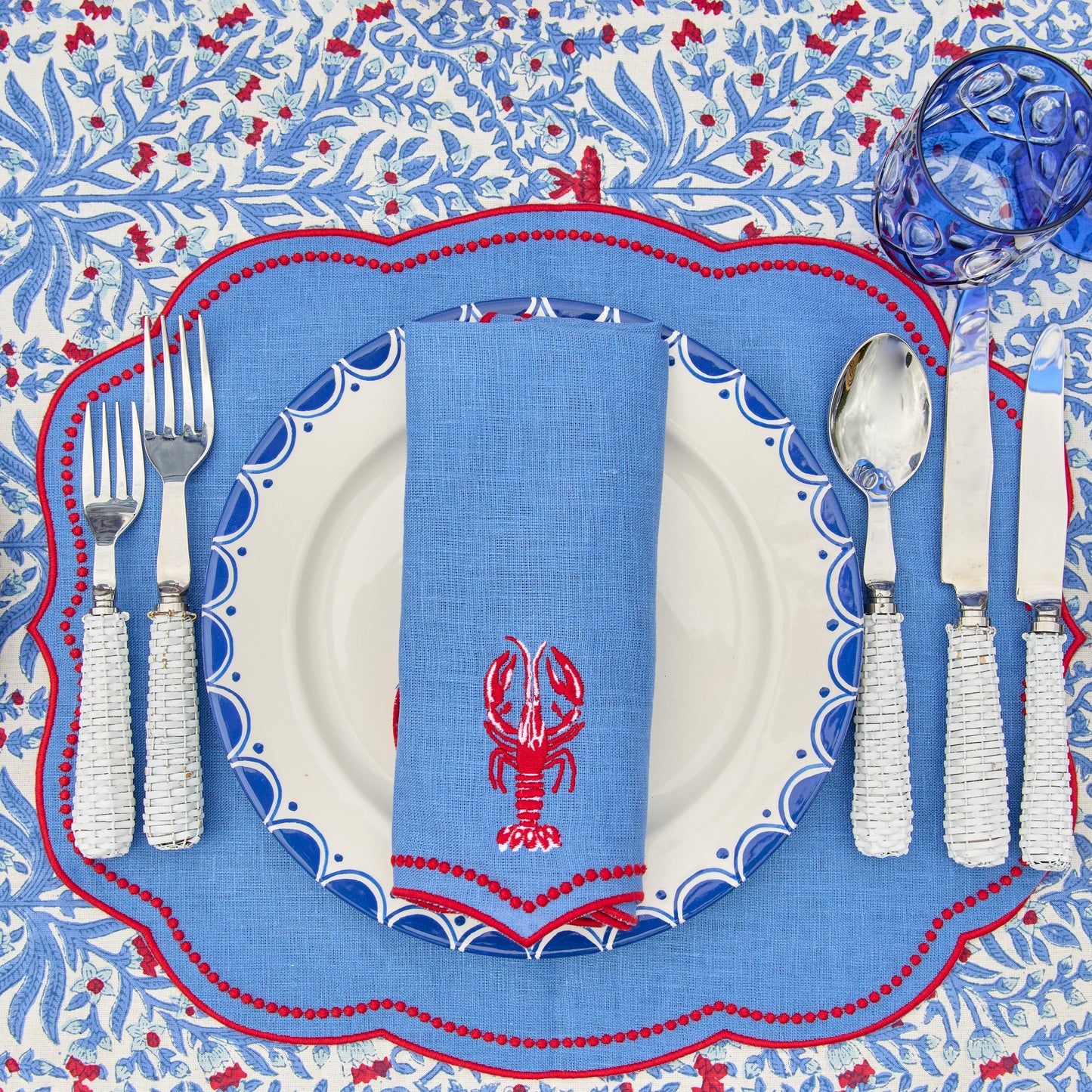 Blue Lobster Embroidered Linen Napkins (Set of 4)