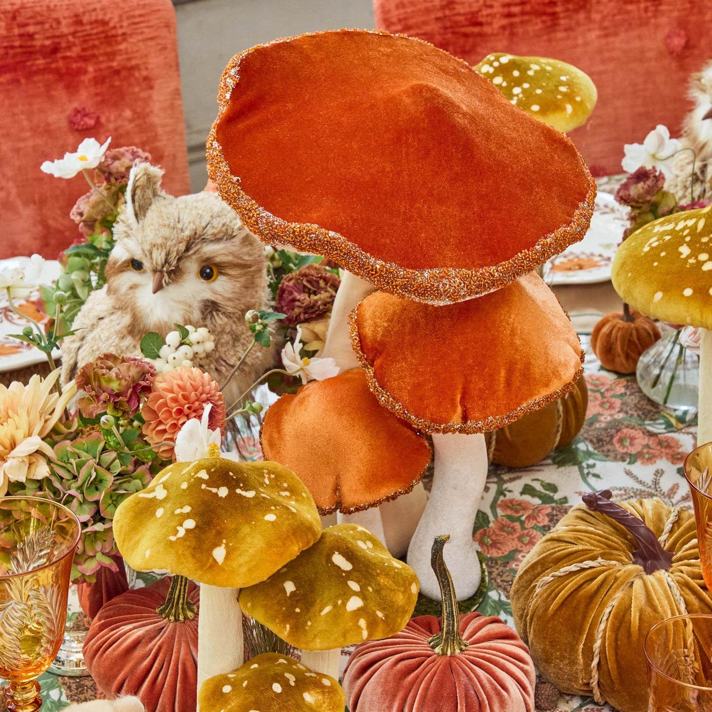 Large Orange Beaded Velvet Mushroom (Pair)