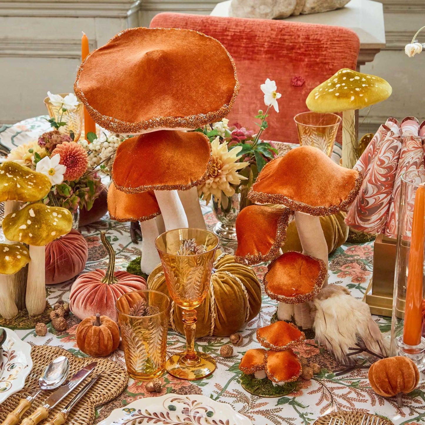 Large Orange Beaded Velvet Mushroom (Pair)