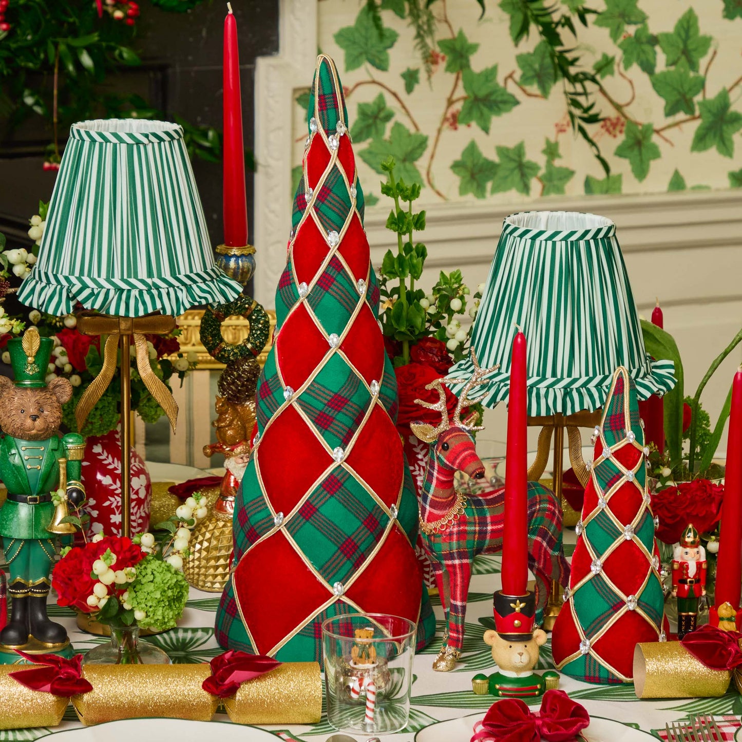 Tall Marilyn Bow Rechargeable Lamp with Forest Green Striped Ruffle Shade (18cm)