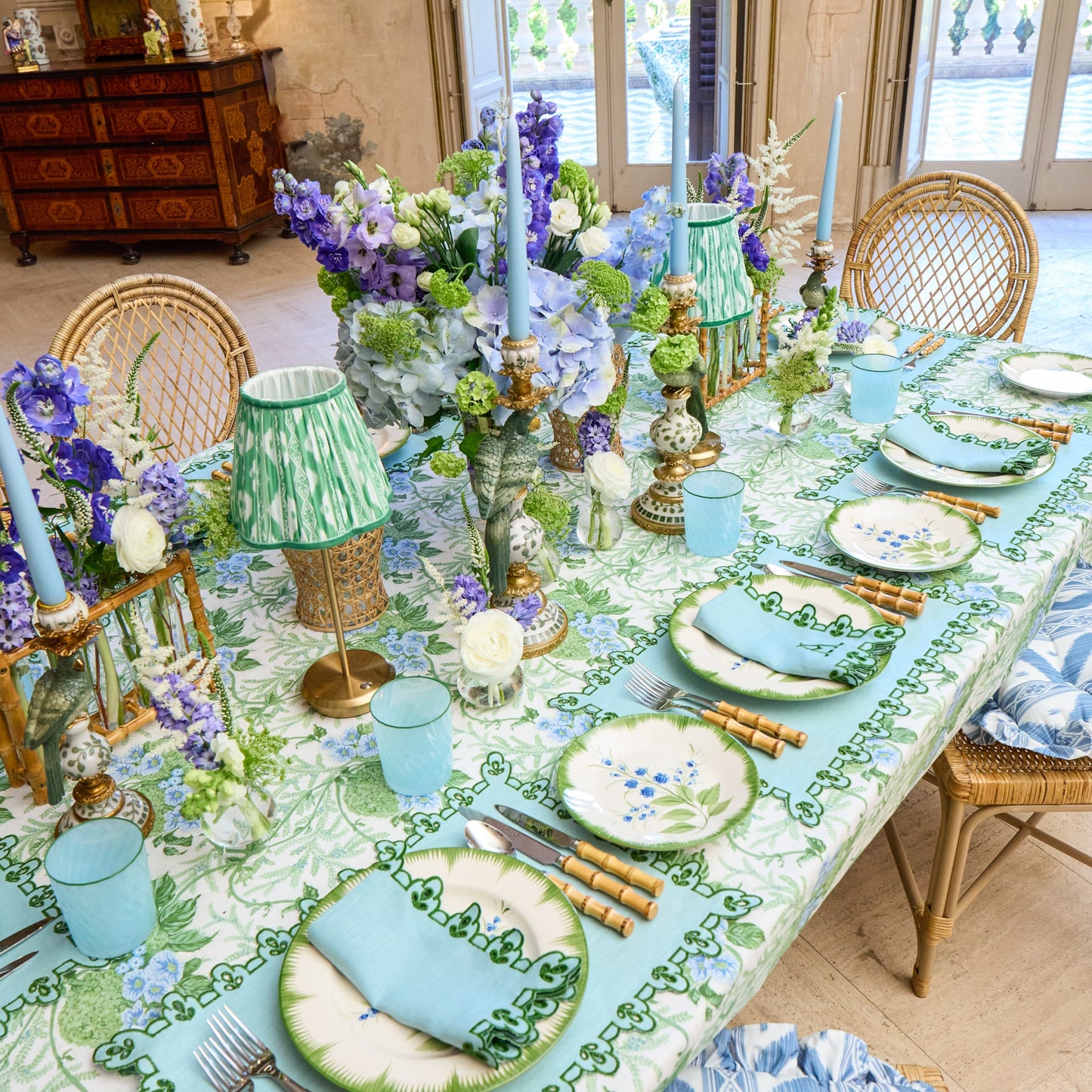 Blue & Green Sophia Waxed Placemats & Napkins (Set of 4)