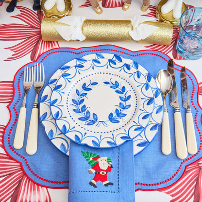 Blue & Red Hand Embroidered Father Christmas Napkins (Set of 4)