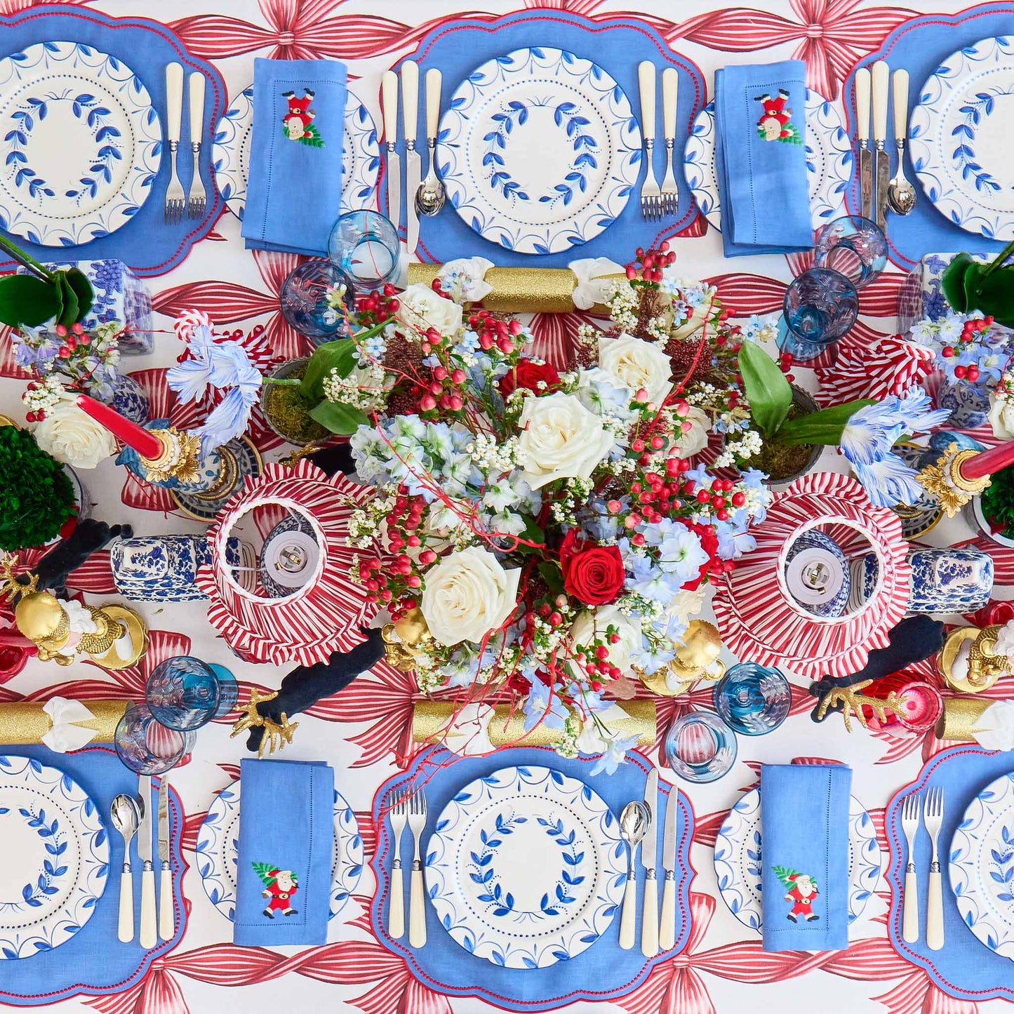 Blue & Red Hand Embroidered Father Christmas Napkins (Set of 4)