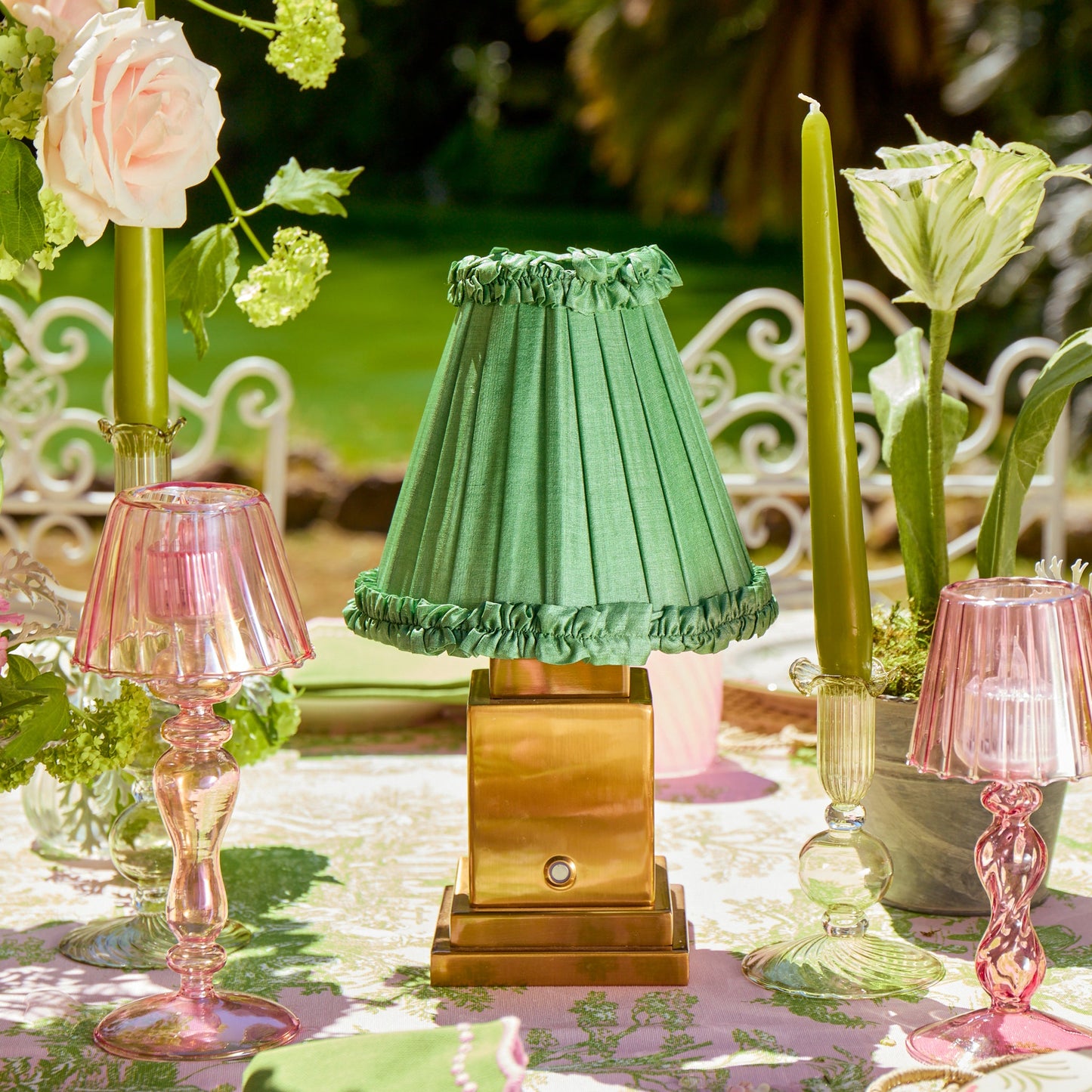 Square Rechargeable Lamp with Green Frilled Shade (18cm)