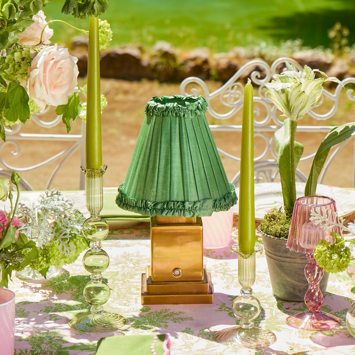 Square Rechargeable Lamp with Green Frilled Shade (18cm)