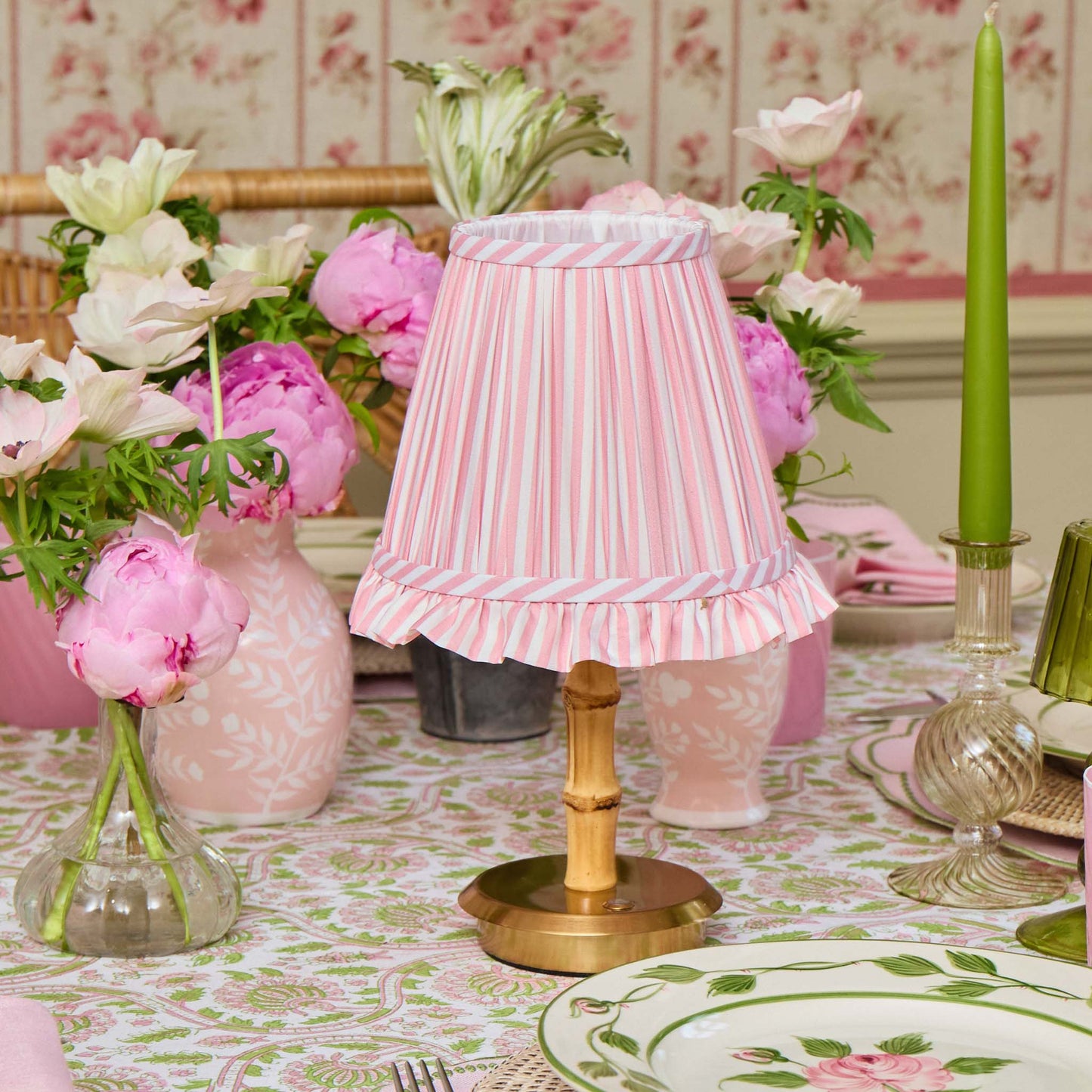 Bamboo Short Rechargeable Lamp with Pink Striped Ruffle Shade (18cm)