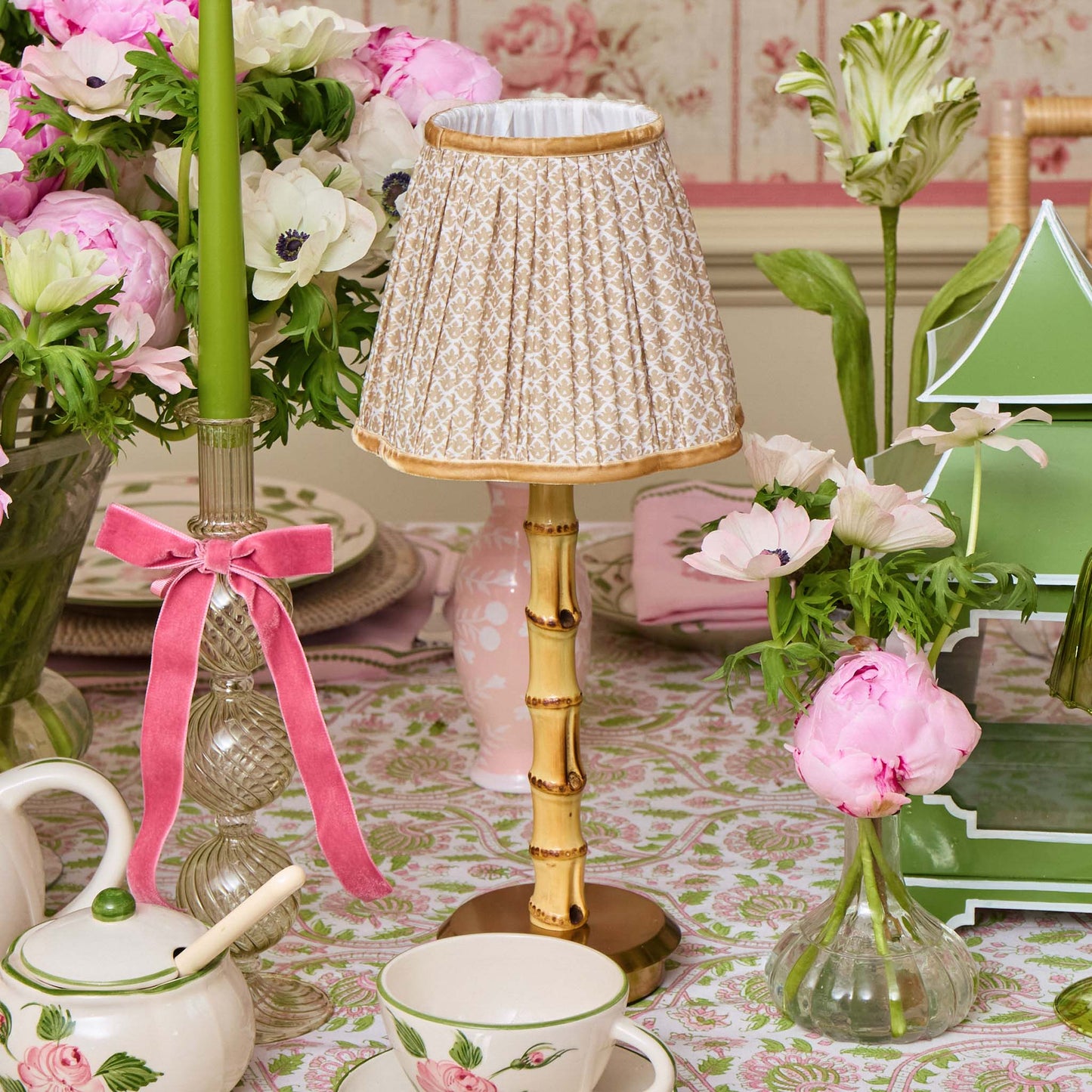 Bamboo Rechargeable Lamp with Putty Lotus Shade (18cm)