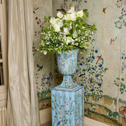Blue Chinoiserie Tole Urn & Pedestal
