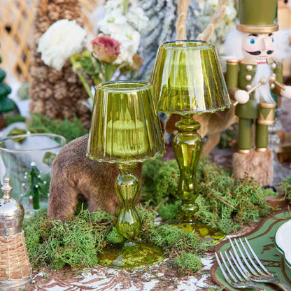Olive Glass Lantern Tea Light Holder (Pair) - 24 cm