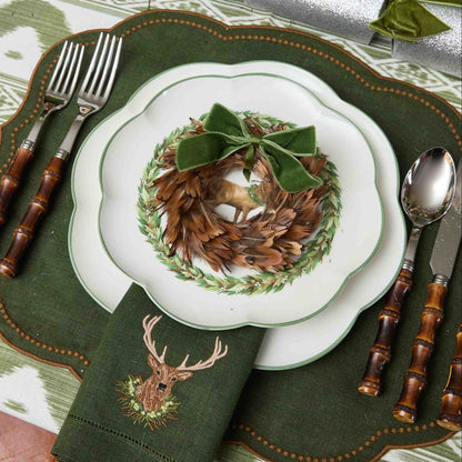 Feather Wreaths with Forest Green Velvet Bows (Set of 4)