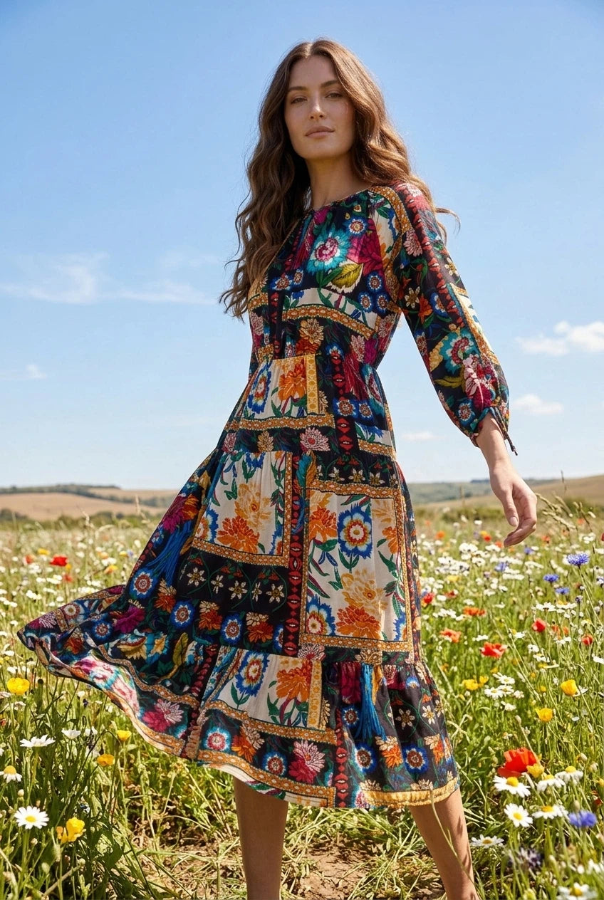 Johnny Was Brona Floral Silk Midi Dress C32525-8