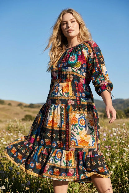 Johnny Was Brona Floral Silk Midi Dress C32525-8 Plus Size