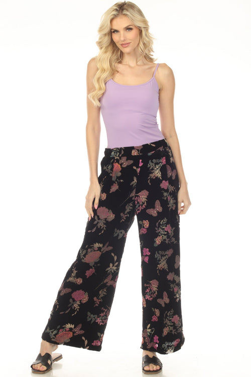 Johnny Was Black Floral Wide Leg Velour Pant J56723