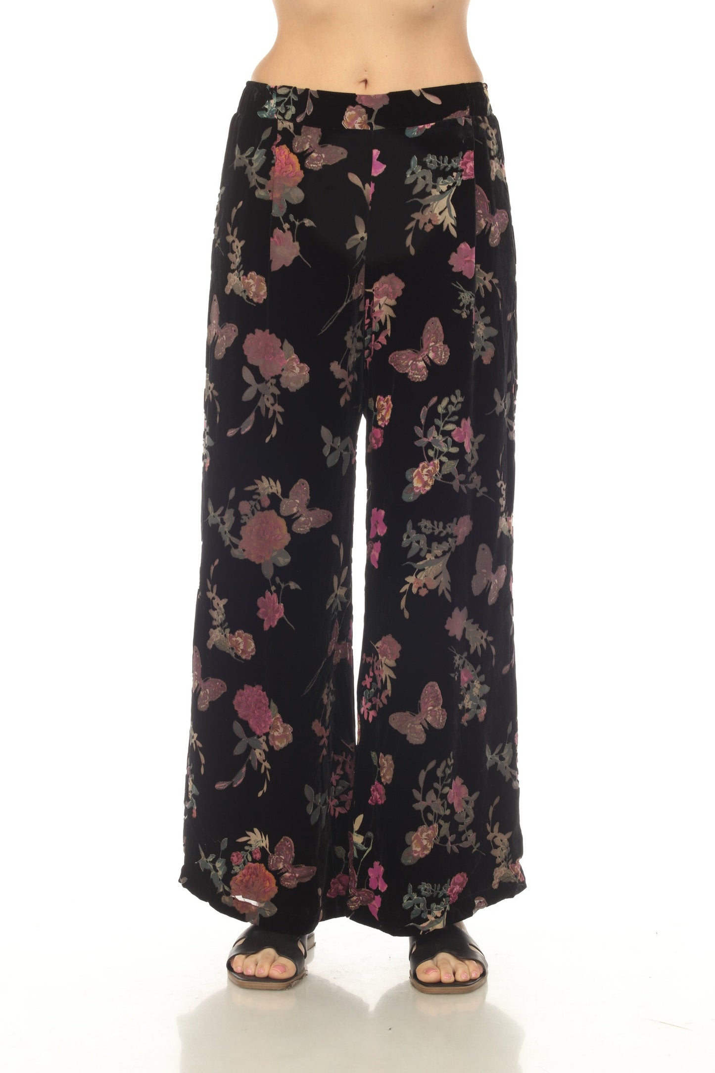 Johnny Was Black Floral Wide Leg Velour Pant J56723