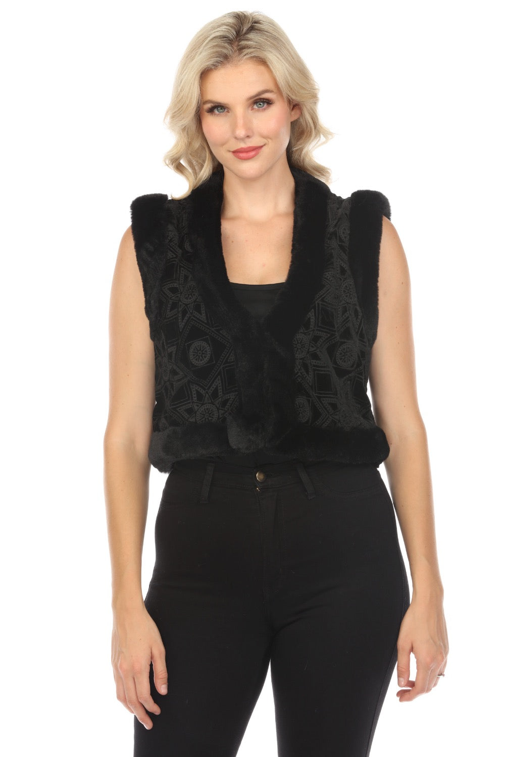Johnny Was Jade Black Morningside Silk Faux Fur Vest L57623-O