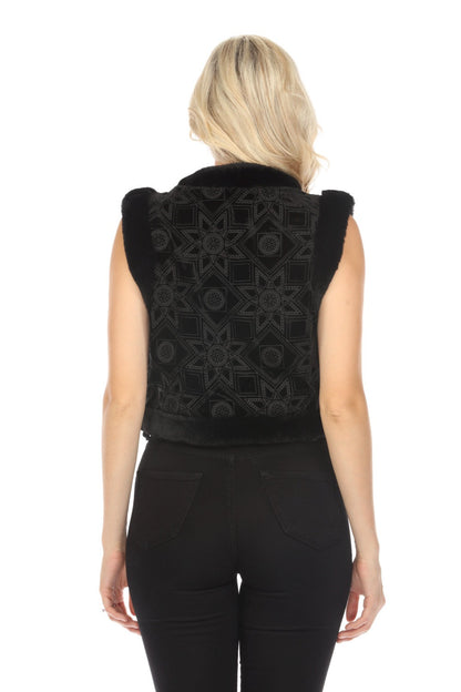 Johnny Was Jade Black Morningside Silk Faux Fur Vest L57623-O
