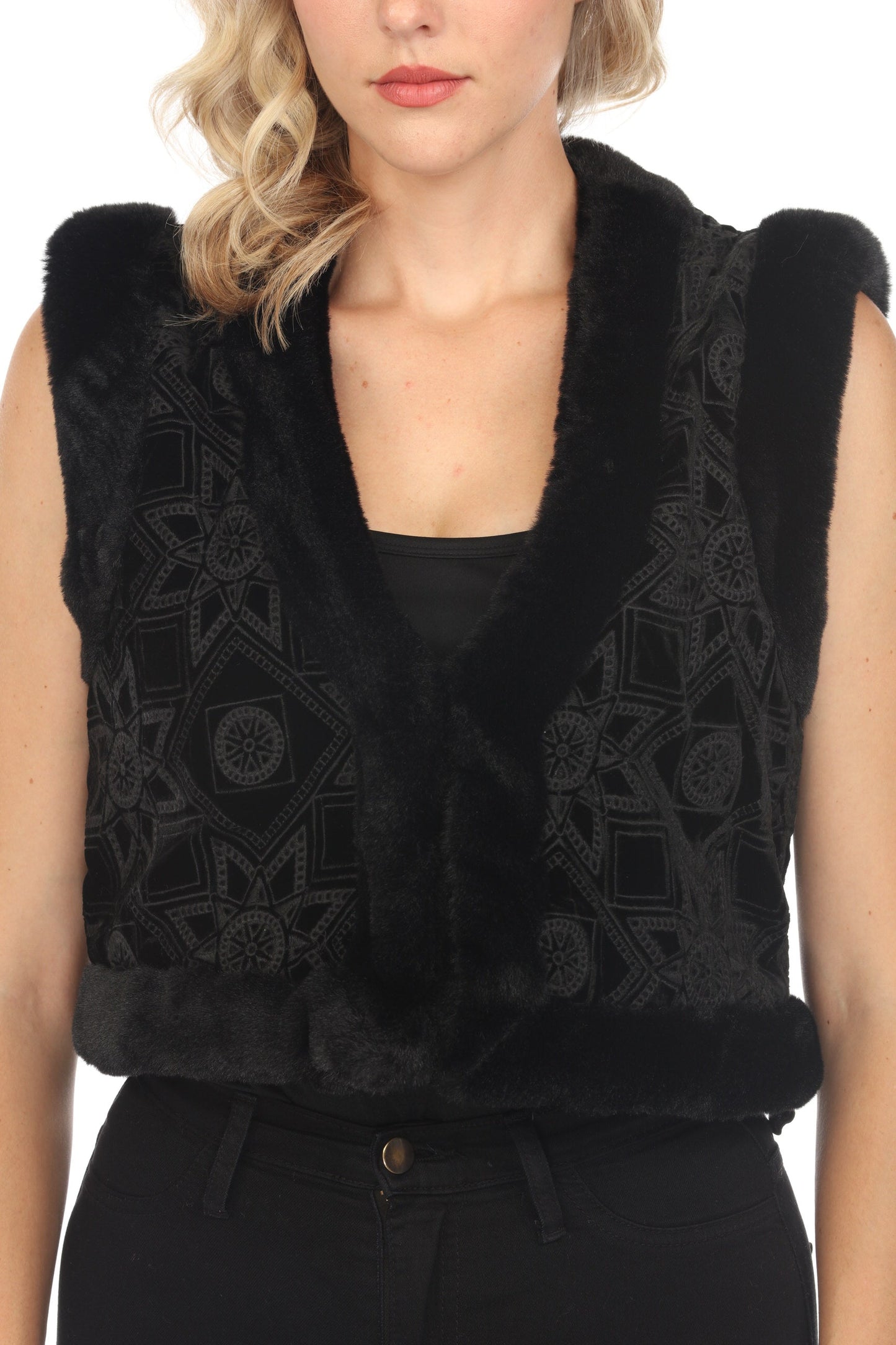 Johnny Was Jade Black Morningside Silk Faux Fur Vest L57623-O