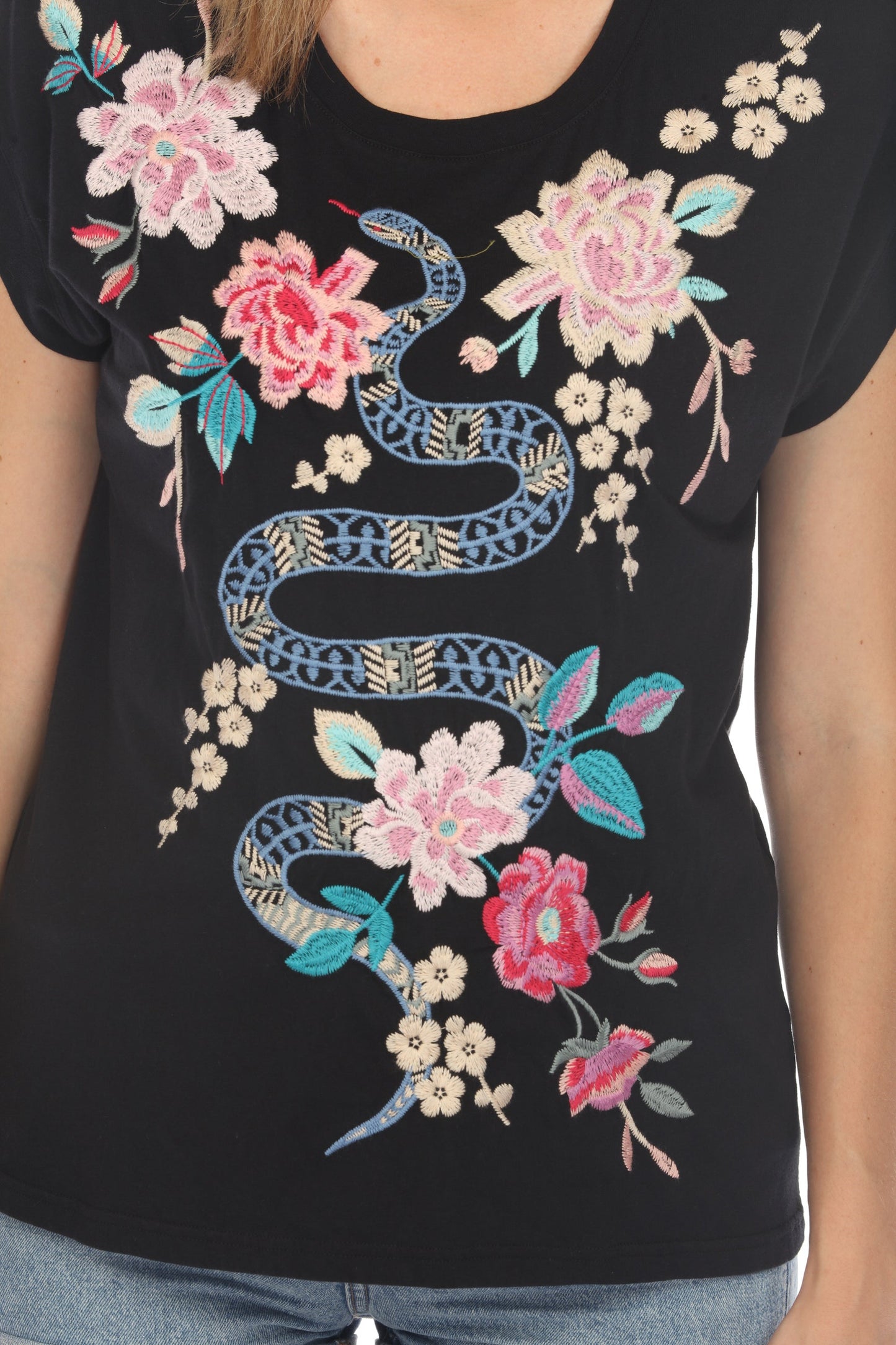 Johnny Was JWLA Edie Relaxed Embroidered Tee Boho Chic J15024
