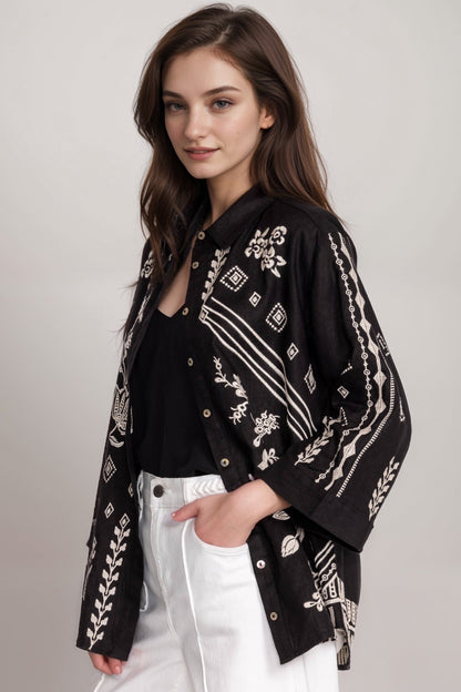 Johnny Was JWLA Kimono Sleeve Linen Shirt J15524 *