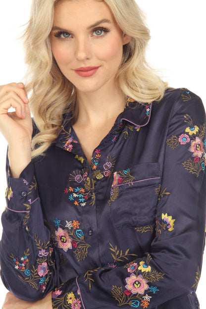 Johnny Was Love Blue Misty Rayon Embroidered Button Down Shirt Boho Chic L12923
