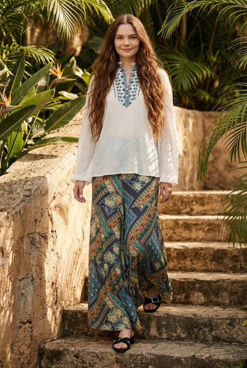 Johnny Was Love White Paola Embroidered Henley Blouse L13722