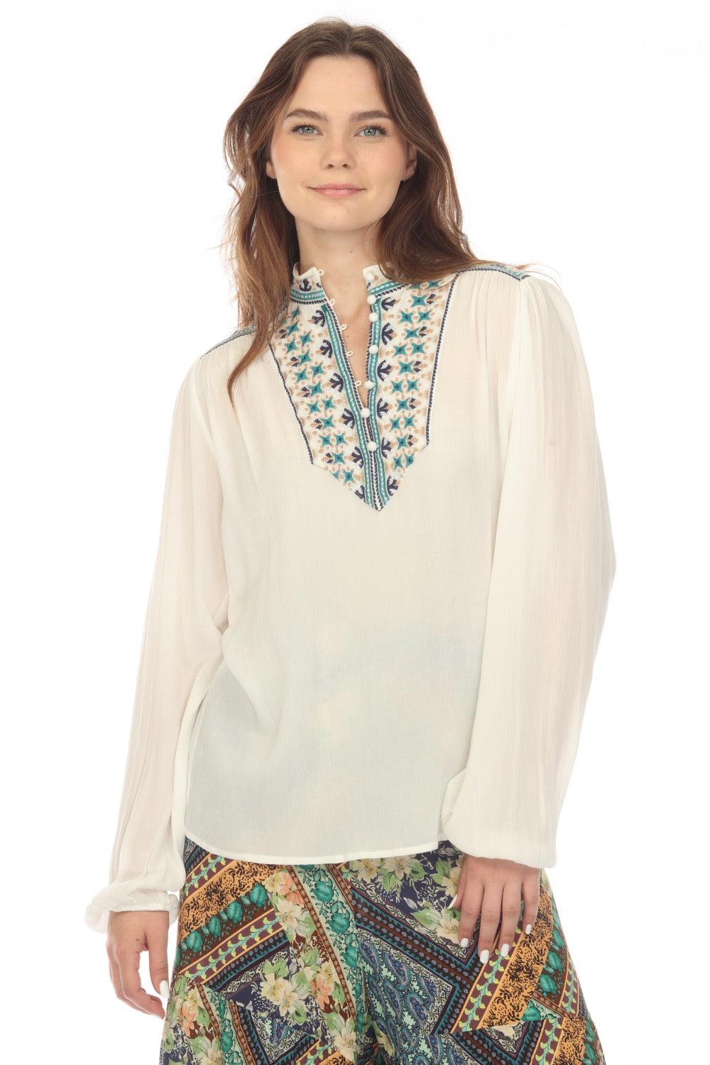 Johnny Was Love White Paola Embroidered Henley Blouse L13722