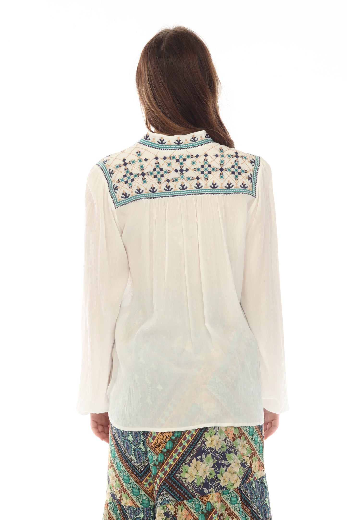 Johnny Was Love White Paola Embroidered Henley Blouse L13722
