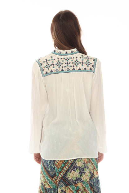 Johnny Was Love White Paola Embroidered Henley Blouse L13722